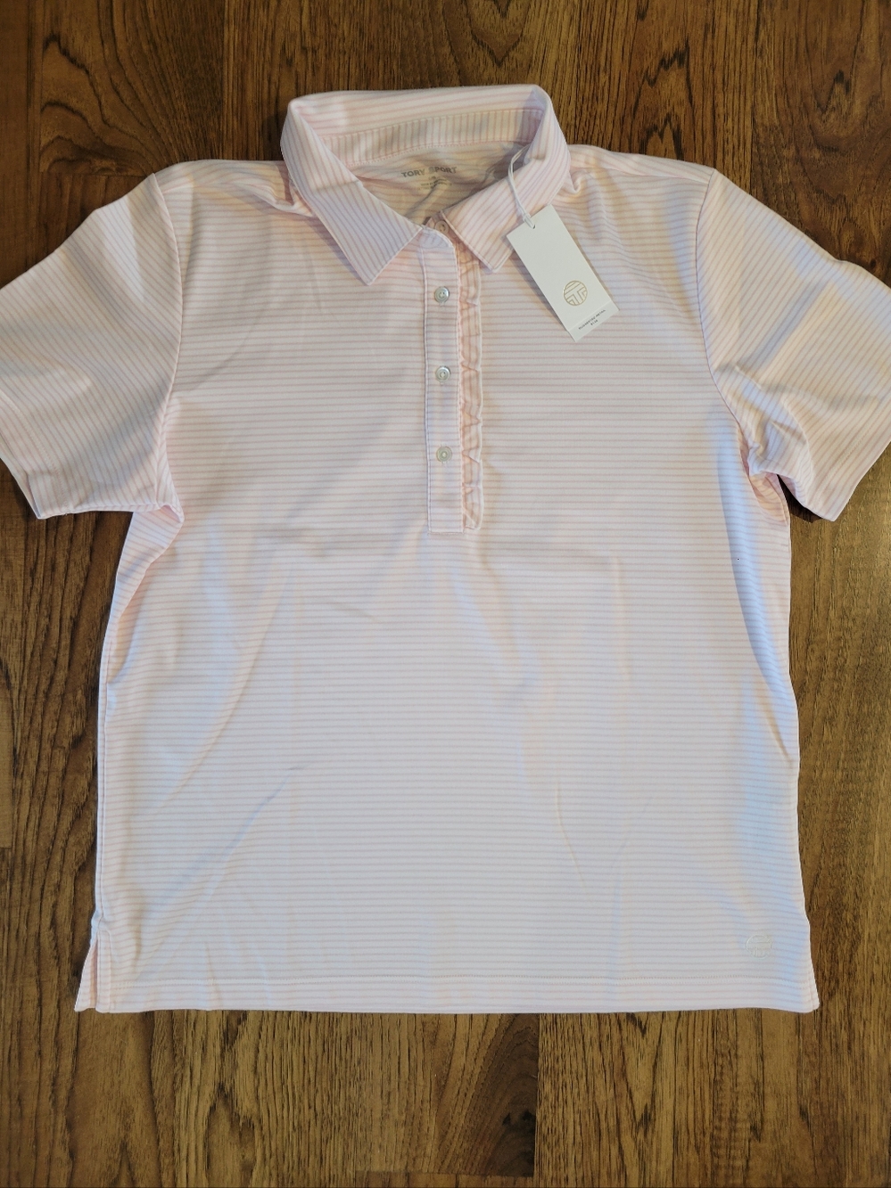 NWT Tory Burch Tory Sport Light Pink Striped Polo Top, Size Large